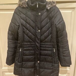 London Fog Black Puffer Coat with Faux Fur Trim